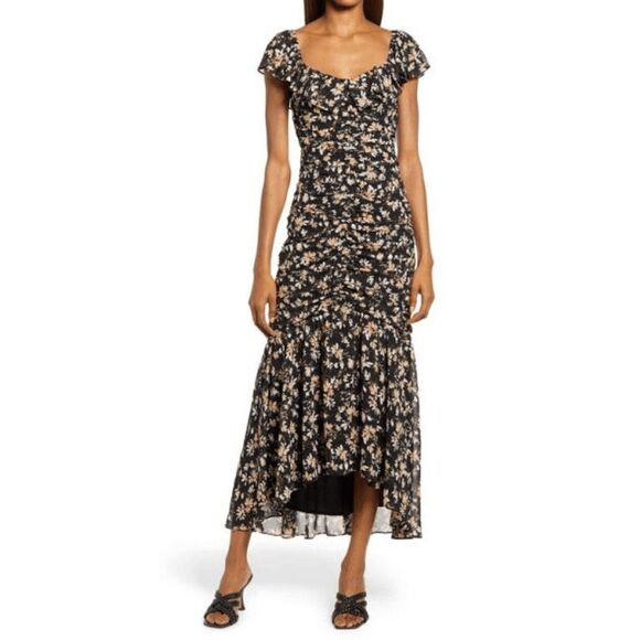 Floret Studios Dresses & Skirts - Floret Studios Black Floral Ruched Ruffle Short Sleeve Midi Dress Womens Size XL